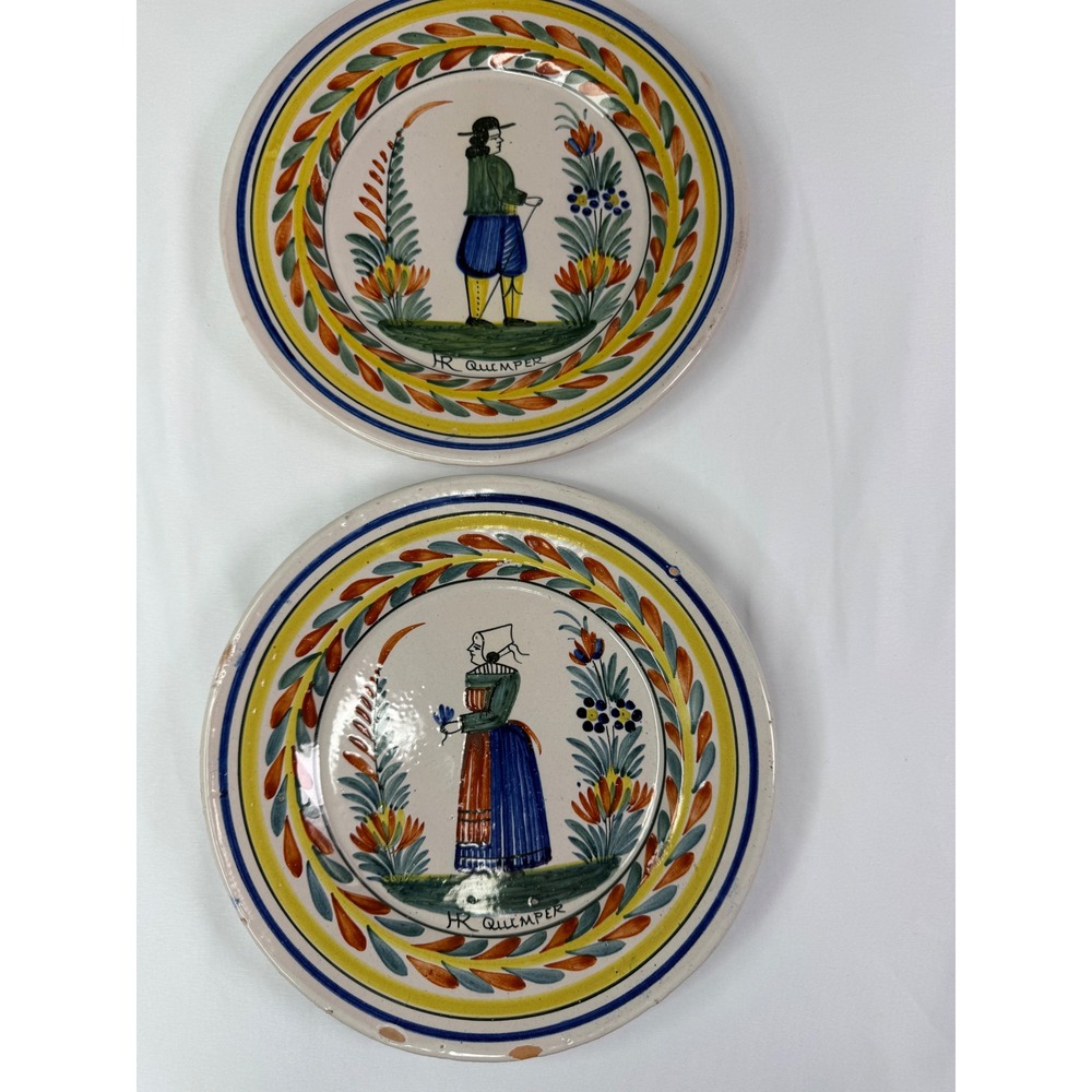 Vintage HR Quimper French Faience Pottery Plates Set of 2 Breton Folk Art 9.25in
